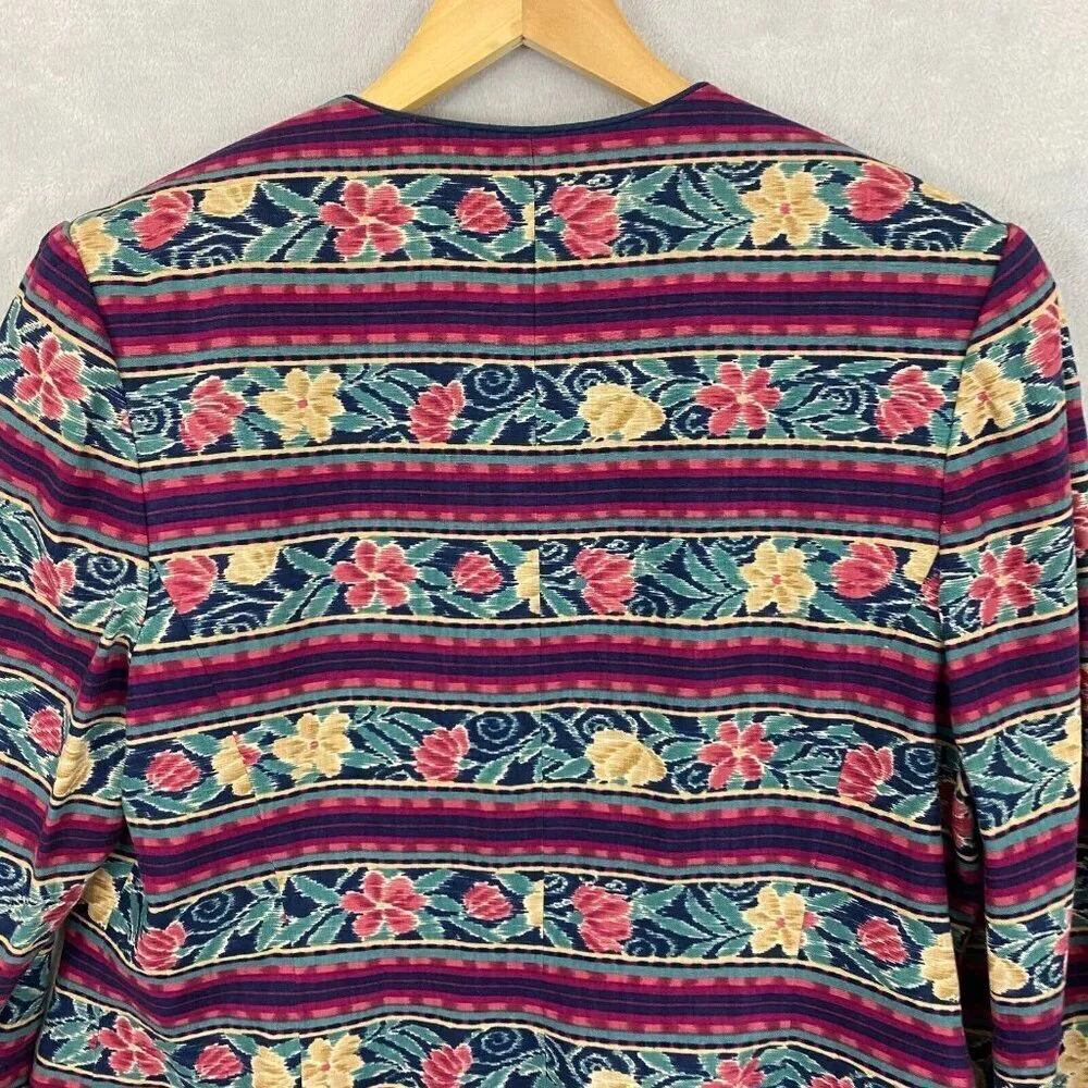 Vintage‎ Adrianna Papell Linen Blend Jacket Womens 14L Floral Stripe Retro 80s
